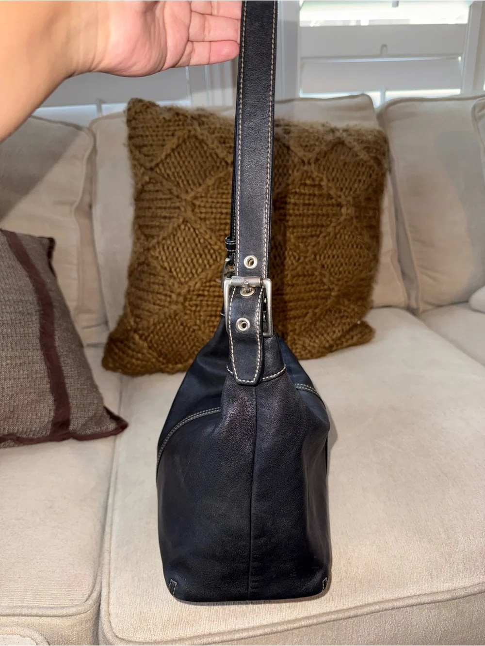Vintage Coach Legacy Black Leather Hobo Bag with Contrast Stitching 9566